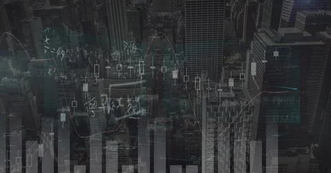 Image of financial data processing and mathematical equations over cityscape Illustrazione stock
