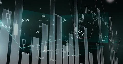 Image of financial data processing and mathematical equations over black 库存插图