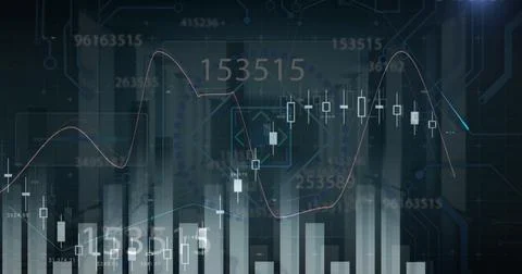 Image of financial data processing and scope scanning over server room Illustrazione stock