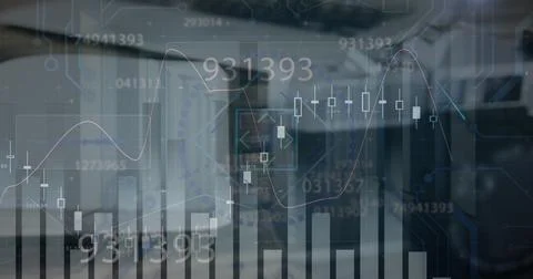 Image of financial data processing and scope scanning over desk in office 스톡 일러스트