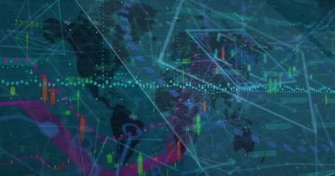 Image of financial data processing and plexus networks over world map against Stock Illustration