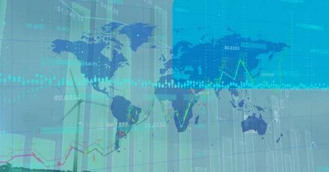 Image of financial data processing and world map over wind turbine Illustrazione stock