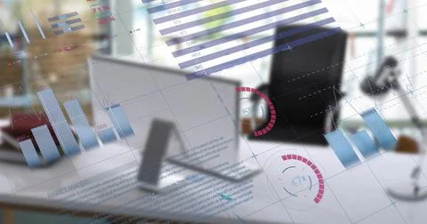 Image of financial data processing and statistics over empty office 스톡 사진