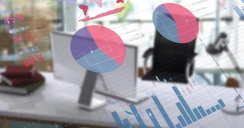 Image of financial data processing and statistics over empty office Stock Photos