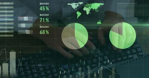 Image of financial data processing and world map over man typing on computer 스톡 사진