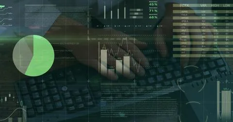 Image of financial data processing and world map over man typing on computer Stock Photos