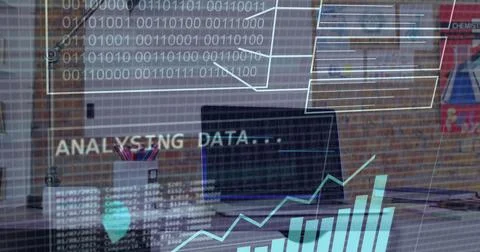Image of financial data processing and binary coding over laptop on desk 스톡 사진