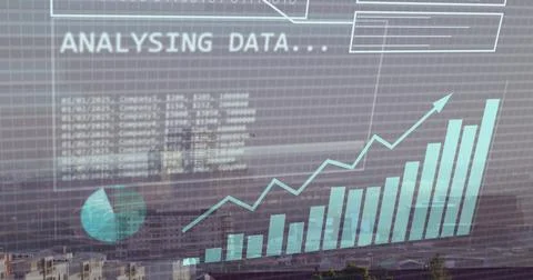Image of financial data processing and binary coding over cityscape Stock Photos
