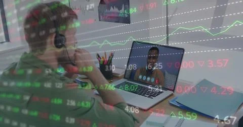 Image of financial data processing and numbers changing over man using laptop on Stock Photos
