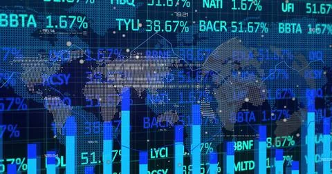 Image of financial data processing and world map over dark background 写真素材