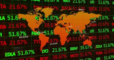Image of financial data processing and world map over dark background 스톡 사진