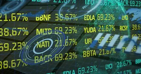 Image of financial data processing and screens over dark background Stock Photos