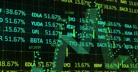 Image of financial data processing and graph over dark background 写真素材