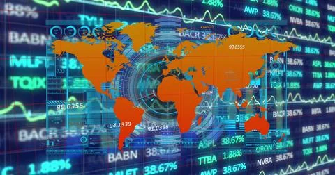 Image of financial data processing and world map over dark background Stockfoto's