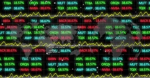 Image of financial data processing and world map over dark background 写真素材