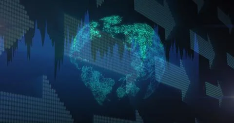 Image of financial data processing and arrows over globe on black background 写真素材