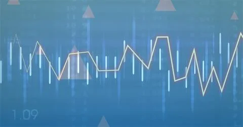 Image of financial data processing and arrows on blue background 写真素材