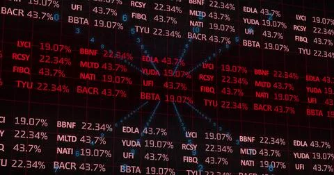 Image of financial data processing and blue spots on black background Stock Photos