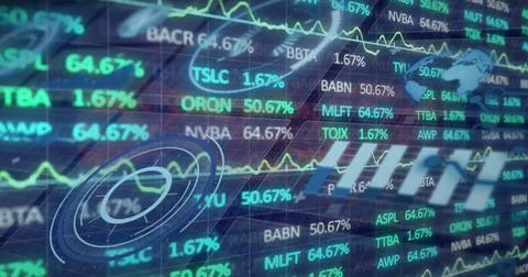 Image of financial data processing and statistics on black background 스톡 사진