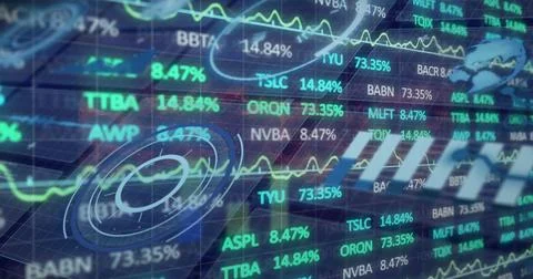 Image of financial data processing and statistics on black background Stock Photos