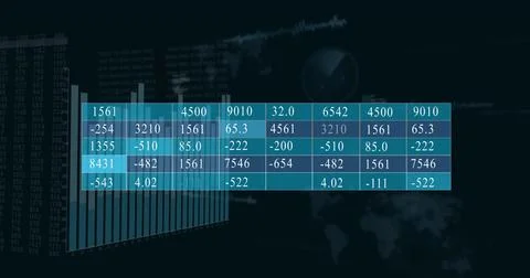 Image of financial data processing and statistics on black background Foto stock