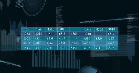 Image of financial data processing and statistics on black background Stock Photos