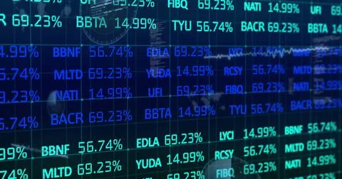 Image of financial data processing and statistics on black background 스톡 사진