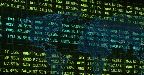 Image of financial data processing and world map on black background Stock Photos