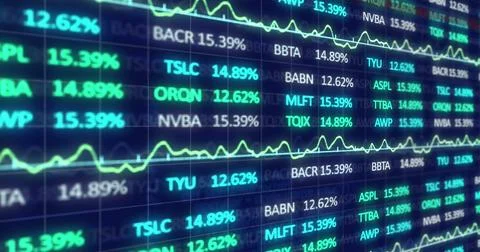 Image of financial data processing and statistics on black background Foto stock