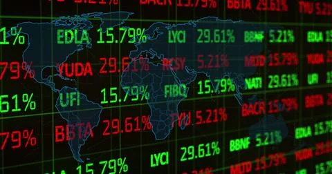 Image of financial data processing and world map on black background 写真素材