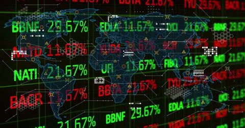 Image of financial data processing and world map on black background Foto stock
