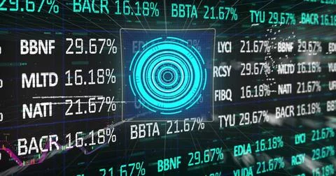 Image of financial data processing and scope scanning on black background Stock Photos