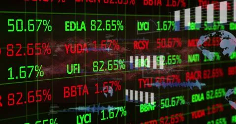 Image of financial data processing and statistics on black background Stock Photos