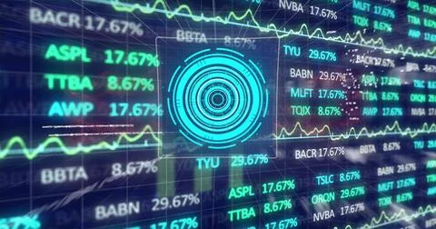 Image of financial data processing and scope scanning on black background Stock Photos