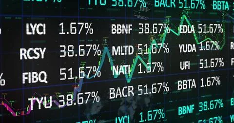 Image of financial data processing and statistics on black background Stock Photos
