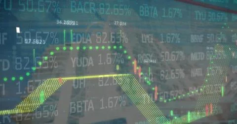 Image of financial data processing and statistics on black background Stockfoto's