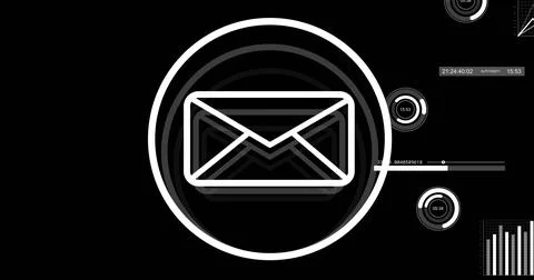 Image of financial data processing and email icon over black background Stock Photos