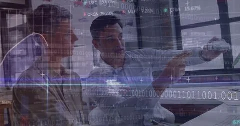 Image of financial data processing and binary coding over caucasian students Stock Photos