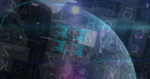 Image of financial data processing and globe on black background 写真素材