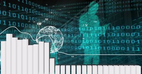 Image of financial data processing and binary coding over black background 스톡 사진