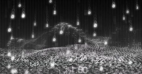 Image of financial data processing and binary coding over black background 库存照片