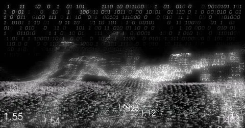 Image of financial data processing and binary coding over black background 스톡 사진