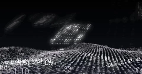 Image of financial data processing and binary coding over black background 스톡 사진