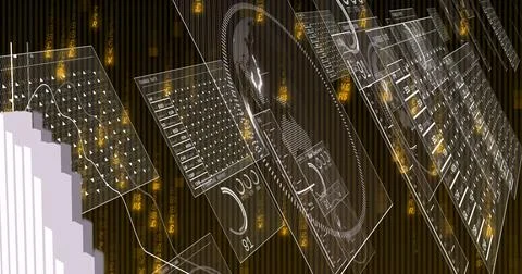 Image of financial data processing and screens over black background Stock Photos