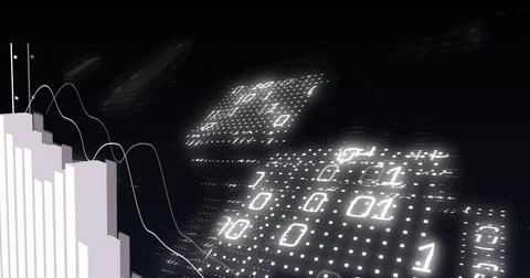 Image of financial data processing and binary coding over black background Stock Photos