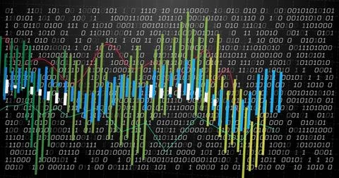Image of financial data processing and binary coding over black background 스톡 사진
