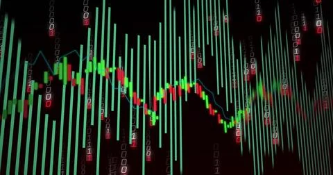 Image of financial data processing and binary coding over black background 스톡 사진
