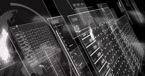 Image of financial data processing and screens over black background 스톡 사진