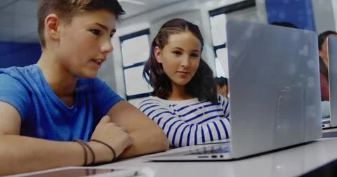 Image of financial data processing and globe over diverse schoolchildren using Stock Photos