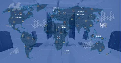 Image of financial data processing and world map over office with computers.. Foto stock